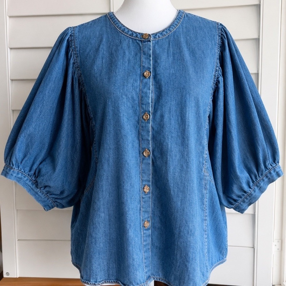 Old Navy XXL Chambray Denim Peasant Blouse Balloon Sleeve Western Cottagecore